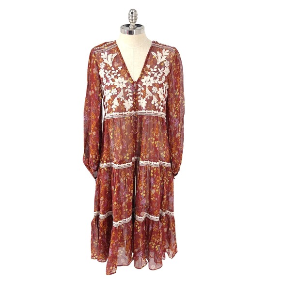 Free People Small Floral Embroidered Sheer‎ Cottage Hippie Boho Duster Dress - Picture 2 of 8